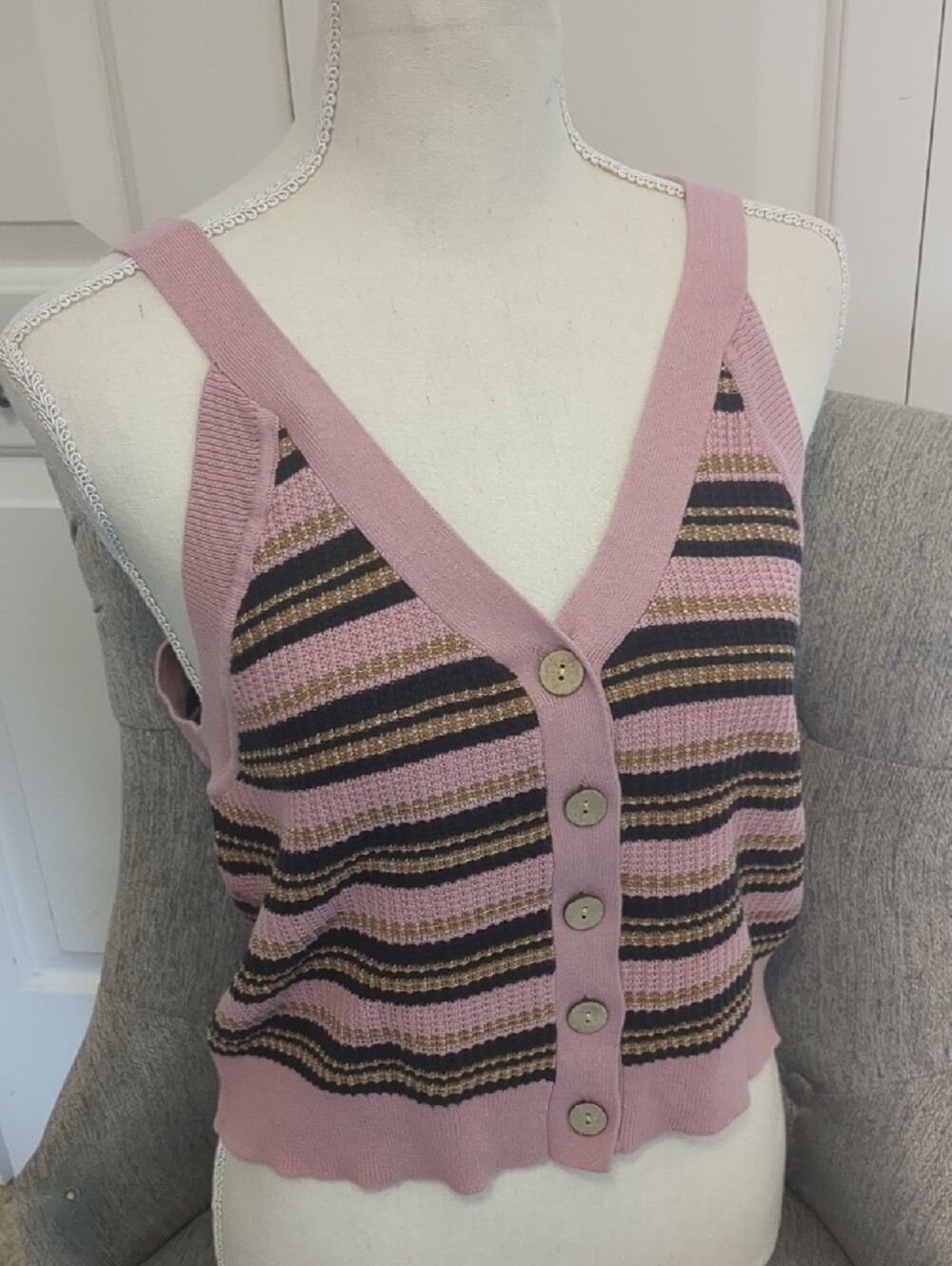 UNIONBAY Pink & Brown Striped Button-Front Cropped Tank, Junior XL , NWT